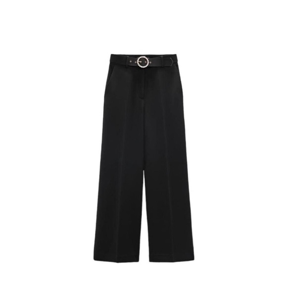 New ZARA Black Belted Wide Leg Drapey Trouser Pants - Picture 12 of 13